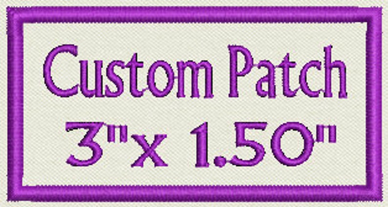 K&ouml;nnte beinhalten: Lilafarbener gestickter Aufn&auml;her mit dem Text "Custom Patch" und "3" x "1.50" Zoll.