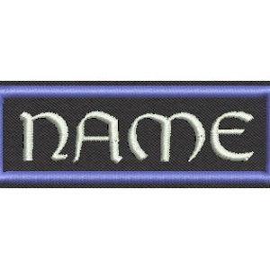 May include: A black rectangular patch with a blue border. The word "NAME" is embroidered in white on the patch.