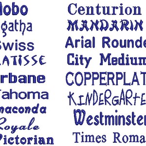 Peut inclure: Une liste de noms de polices diff&eacute;rents en texte bleu. Les polices sont affich&eacute;es en deux colonnes. Les polices incluent Hobo, Agatha, Swiss, MATISSE, Urbane, Tahoma, Anaconda, Royale, Victorian, Centurion, MANDARIN, Arial Rounded, City Medium, COPPERPLATE, KINDERGARTEN, Westminster et Times Roman.