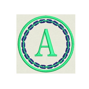 May include: A green circle with a blue chain border and the letter A in the center.