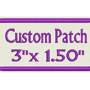 May include: A white rectangular patch with a purple border. The text "Custom Patch" and "3" x 1.50" are embroidered in purple.