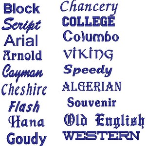 Peut inclure: Une collection de noms de polices d'&eacute;criture &eacute;crits dans diff&eacute;rents styles. Les noms incluent Block, Script, Arial, Arnold, Cayman, Cheshire, Flash, Hana, Goudy, Chancery, COLLEGE, Columbo, VIKING, Speedy, ALGERIAN, Souvenir, Old English et WESTERN.