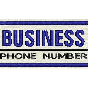 May include: Blue and white rectangular patch with the text "BUSINESS PHONE NUMBER" in black.
