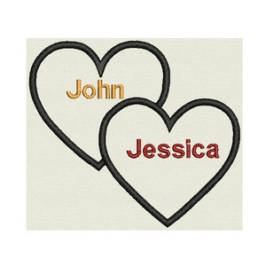 May include: Two black outlined hearts with the names John and Jessica inside. The name John is in gold and the name Jessica is in red.