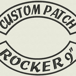 May include: Black and white custom motorcycle rocker patch with the text "CUSTOM PATCH" on the top and "ROCKER 9" on the bottom.