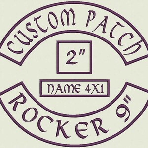 May include: Purple custom patch with the text "Custom Patch" and "Rocker" in a curved banner design. The patch also includes the text "2" in a square and "NAME 4X1" in a rectangle. The patch is 9 inches wide.