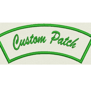 May include: Green embroidered patch with the text "Custom Patch" in a white cursive font.
