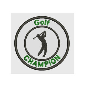 Peut inclure: Un écusson brodé noir et vert avec une silhouette de golfeur et le texte "Golf Champion".
