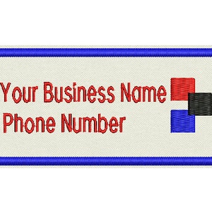 May include: A blue rectangular label with a white background and a red, black, and blue logo. The text "Your Business Name" and "Phone Number" is in red.