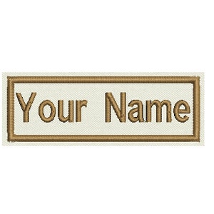 May include: A brown rectangular name tag with the text "Your Name" in white.