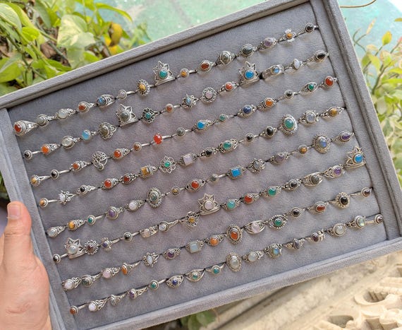 20Pcs Boho Gemstone Ring Lot, Silver Plated Vintage Style Rings
