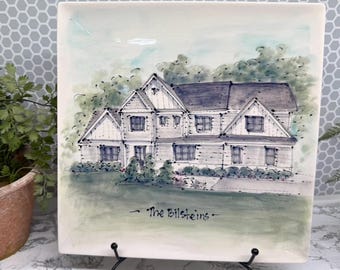 Custom Hand-Painted House Portrait Serving Dish – Personalized Pottery Homewarming Gift