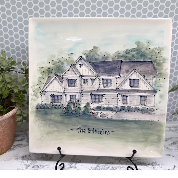 Custom Hand-Painted House Portrait Serving Dish – Personalized Pottery Homewarming Gift