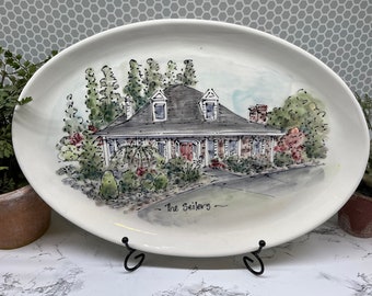 Custom House Portrait Pottery Platter, Personalized New Home Gift