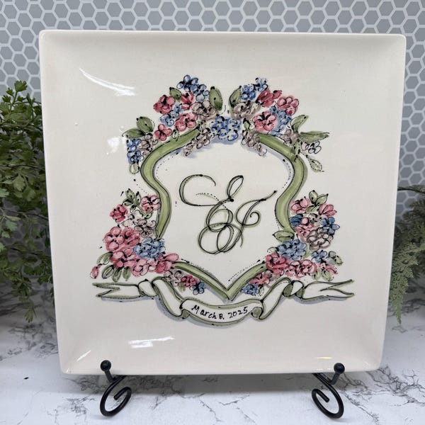 Hand Painted Pottery Serving Platter, Custom Wedding Crest Gift