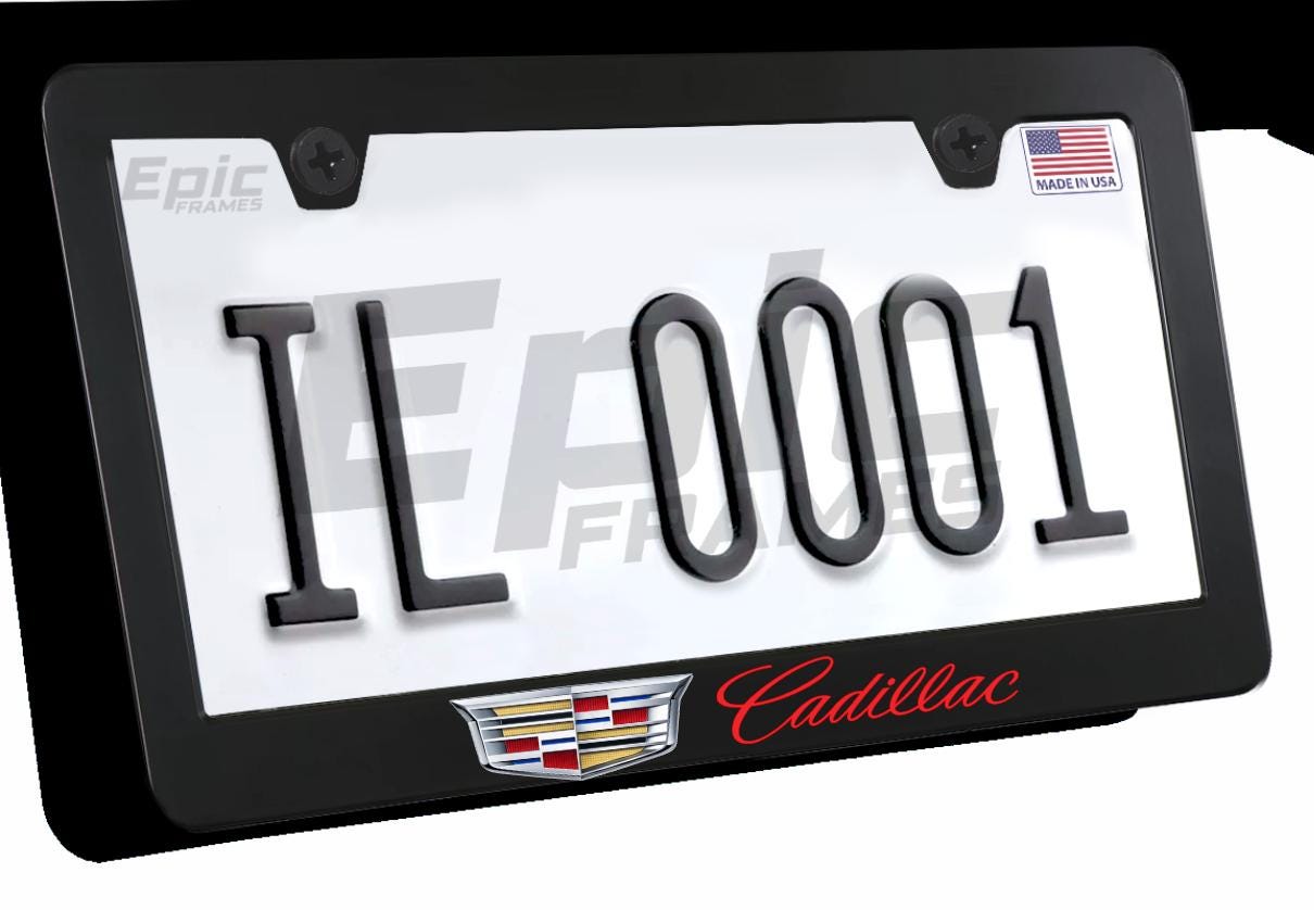Cadillac License Plate Frame By Baron & Baron® In Black With Chrome Cadillac Logo And Chrome Cadillac Script – Associated Accessories 19368086