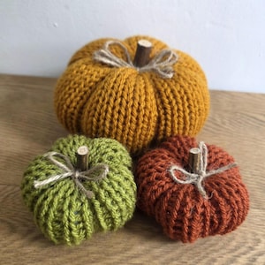 May include: Three knitted pumpkins in mustard yellow, olive green, and burnt orange. Each pumpkin features a vertical ribbed texture, a small brown wooden stick as a stem, and a decorative bow made of thin, natural-coloured jute twine.