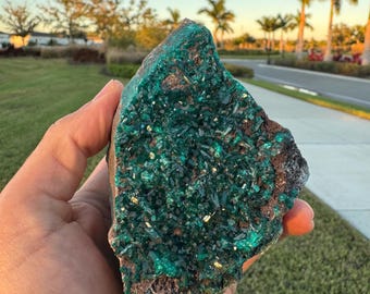 May include: A hand holds a rough-cut, natural mineral specimen. The stone features a vibrant, crystalline, teal-green surface with hints of brown and gold. The background shows a grassy area, palm trees, and a road.