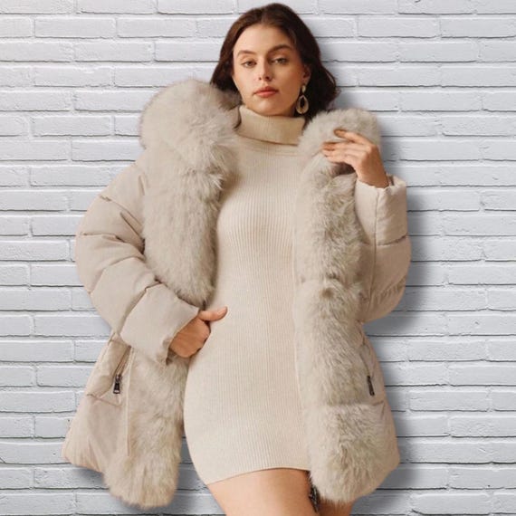 Plus Size Women Luxury Faux Fur Hooded Waist Cinched Elegant Mid-Length Coat