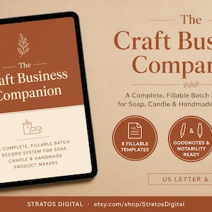 May include: A digital tablet displaying The Craft Business Companion, a fillable batch record system for soap, candle, and handmade product makers. The screen shows the title, a leaf icon, and candle and soap graphics. Includes 8 fillable templates.