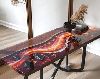 Red-orange Resin River Console Table – Live Edge Wood, Gold Flake