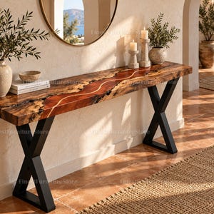 Live Edge Wood Console Table, Red Epoxy Resin River, Rustic Modern Entryway Furniture