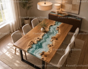 Live Edge Walnut Epoxy River Dining Table – Light Green Resin Modern Rectangle Furniture