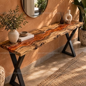 Handmade Live Edge Epoxy River Console Table, Warm Amber Resin, Custom Size Wooden Foyer Furniture