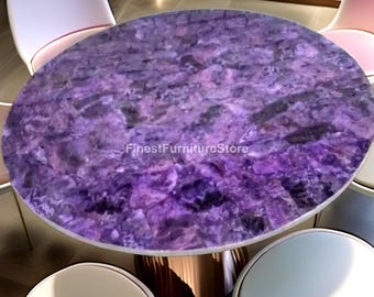 Mesa de lujo de cuarzo amatista violeta intenso / Tablero de piedra semipreciosa artesanal / Piedra de cristal exótica / Mesa de comedor con gema violeta