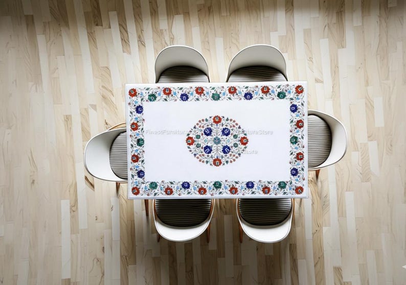Rectangular White Marble Dining Table Top | Multicolor Floral Pietra ...