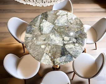 Luxury Labradorite Round Dining Table | Golden Pedestal Base