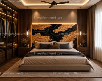 Handmade Burl Wood Epoxy River Headboard – Black Resin Live Edge Wall Panel