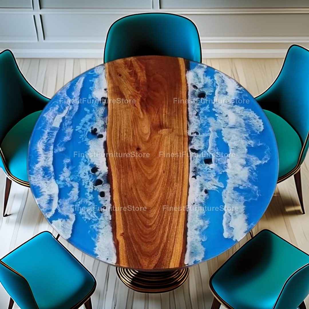 Handmade Ocean Wave Resin Tabletop | Solid Wood & Blue Epoxy Art - Etsy