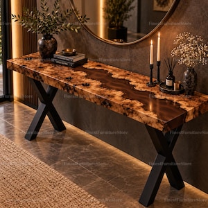 Custom Epoxy River Burl Wood Live Edge Console Table, Modern Rustic Entryway Furniture