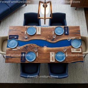 Live Edge Wood & Deep Blue Epoxy River Dining Table Luxury Rectangular Resin Tabletop | Modern Statement furnitur  Wood Rectangular Table |