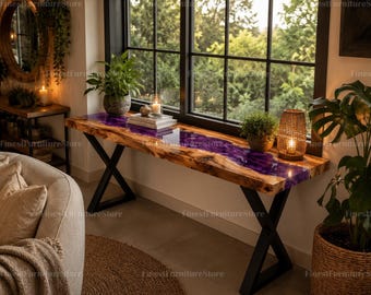 Tablero de mesa de entrada de resina epoxi con borde natural / Consola de madera con resina púrpura