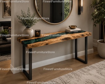 Emerald Epoxy River Console Table  Emerald Epoxy River Console Table Live Edge Resin Console Table Luxury Emerald River Console Table