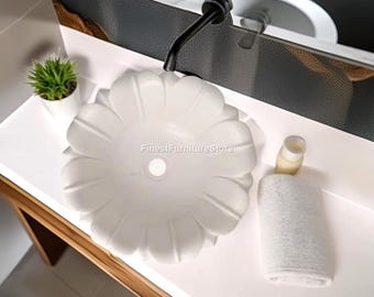 Handmade White Marble Vessel Sink | Floral Petal Bathroom Basin