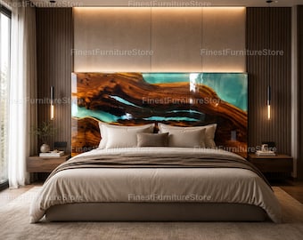 Live Edge Wood Turquoise Resin Headboard, Handmade Coastal Bedroom Furniture