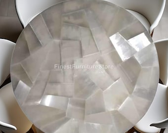 Handcrafted White Quartz Round Dining Table | Gemstone Inlay Tabletop