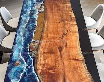 Ocean Epoxy River Dining Table Top | Live Edge Solid Wood Resin Table | Handmade Modern Dining & Office Desk Art, epoxy table top