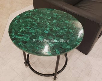Handmade Malachite End Table | Round Gemstone Mosaic, Luxury Accent