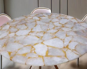 White Agate Table Top with Gold Veins | Stone Inlay, Luxury Accent