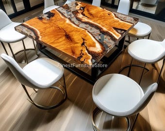高級ライブエッジエポキシリバーダイニングテーブル - 天然木と樹脂のアート作品 手作りエポキシ樹脂リバーテーブル、ライブエッジウォールナット付き -