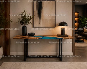 Handmade Blue Epoxy River Console Table Natural Wood –Blue Resin Console Table Modern Resin Console Table Luxury Wood & Resin Console Table