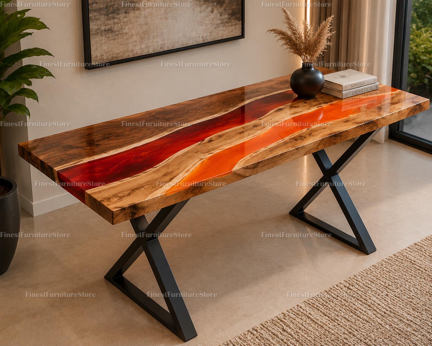 Red-orange Resin River Console Table – Live Edge Wood, Gold Flake