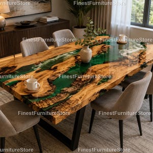 Green Epoxy River Dining Table, Live Edge Wood Dining Table, Handmade Rectangle Resin Table Handmade Green Resin , Natural Wood Epoxy Table,