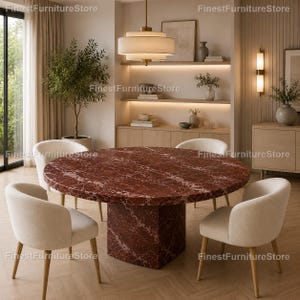 Rosso Levanto Marble Dining Table, Round Pedestal Base, Luxury Red Stone Furniture