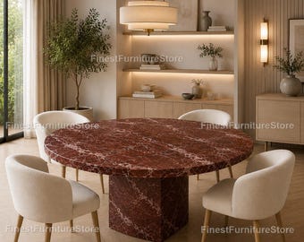 Rosso Levanto-marmeren eettafel, rond voetstuk, luxe rode stenen meubels
