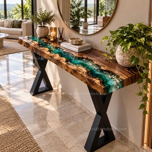 Live Edge Wood Console Table, Turquoise Epoxy River, Rustic Modern Foyer Furniture